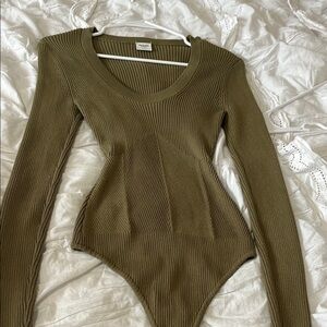 Olive Green Long Sleeve Ribbed Bodysuit